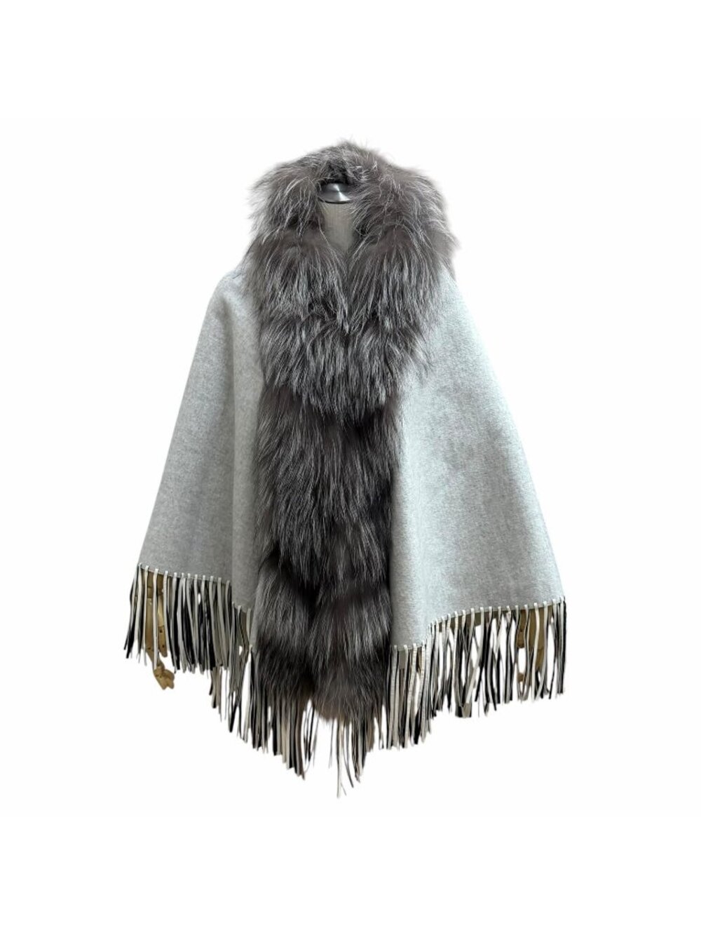 Fendi Fox Fur Trimmed Leather with Fringe Cape Poncho Light Gray